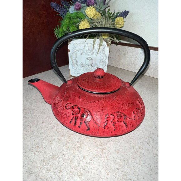 Red Cast Iron Elephant Design Teapot With Lid & Infuser - Unique Collectibl - Picture 4 of 6